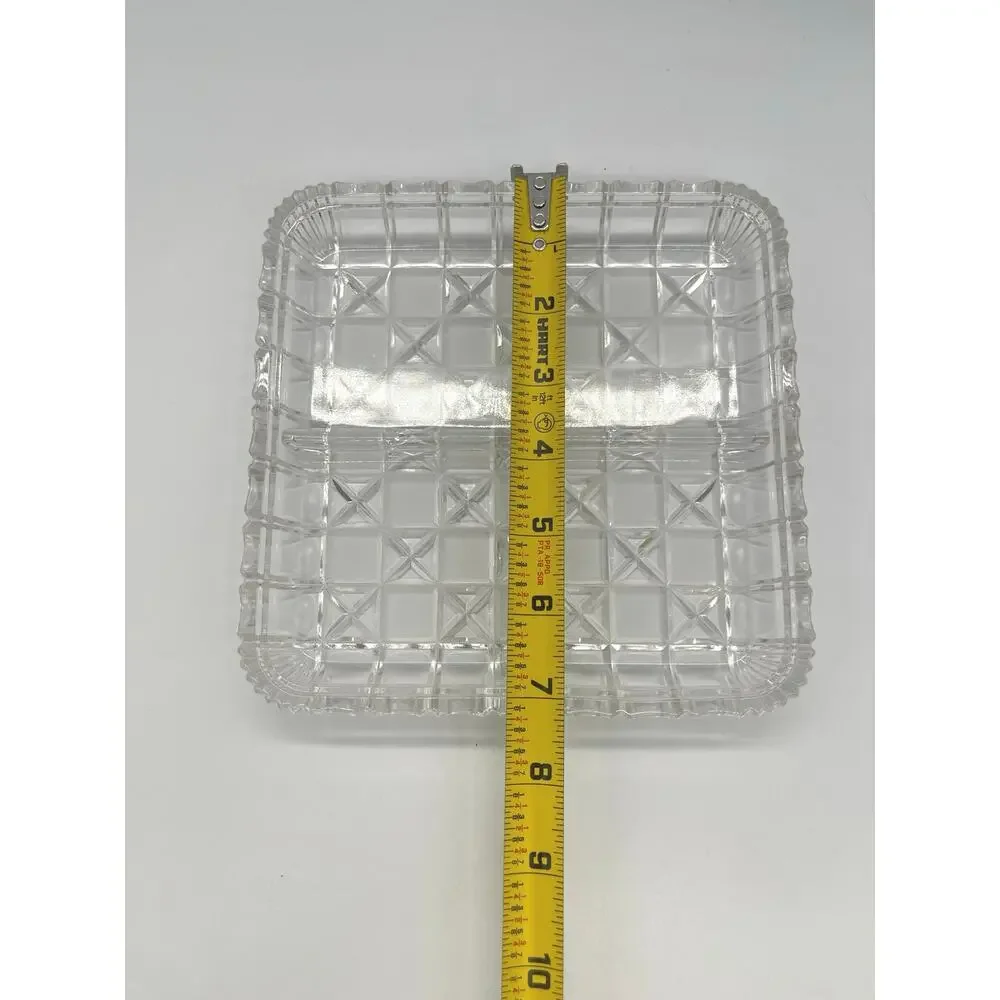 Vintage Indiana Glass Clear Block & Stars 3 Part Square Relish Dish 7”